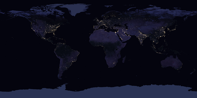 Figura 8. Desigualdad del consumo energético. Reconstrucción del aspecto de la Tierra iluminada de noche en el año 2016.